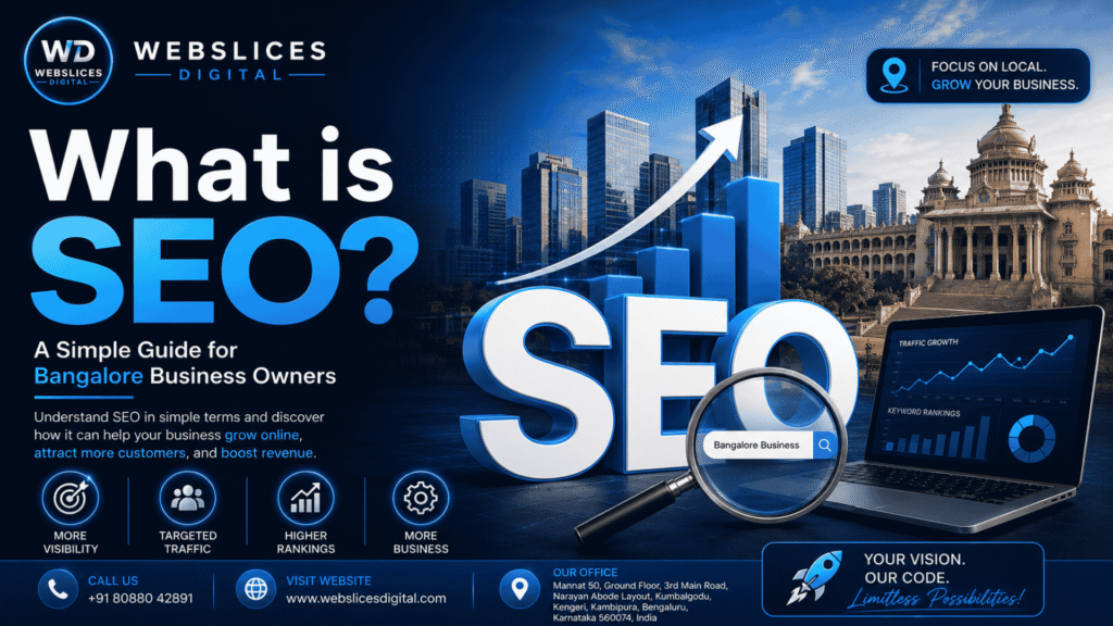 Illustration explaining what SEO (Search Engine Optimisation) is, showing website rankings, Google search visibility, keywords, analytics, and digital marketing concepts for Bangalore business owners looking to improve their online presence.